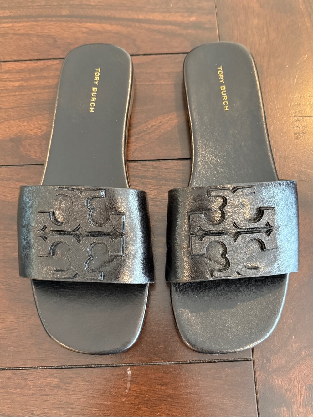 Tory Burch Ines Leather Slide Sandals Black Double T Logo Size 7 - Picture 6 of 7